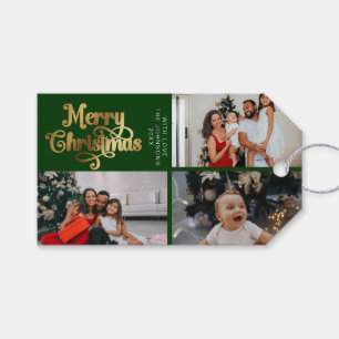 Green & Gold Merry Christmas Family Photo Collage Gift Tags