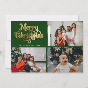Green & Gold Merry Christmas Family Photo Collage Holiday Card