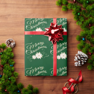 Green & Gold Merry Christmas with White Poinsettia Wrapping Paper