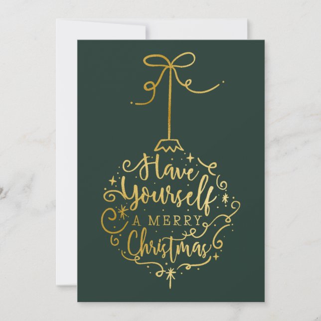 Green & Gold Merry Little Christmas Bauble Holiday Card (Front)
