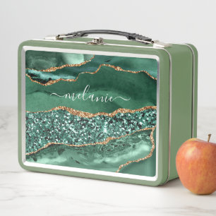 Green Gold Metal Lunch Box with Custom Name