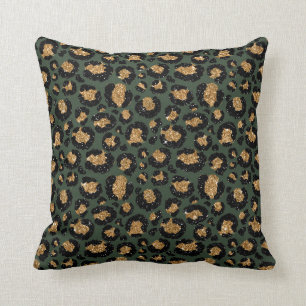 Green Gold Metallic Foil Glam Leopard Fur Spots Cushion