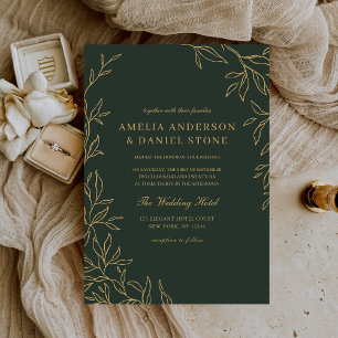 Green Gold Minimal Elegant Leaf Wedding  Invitation