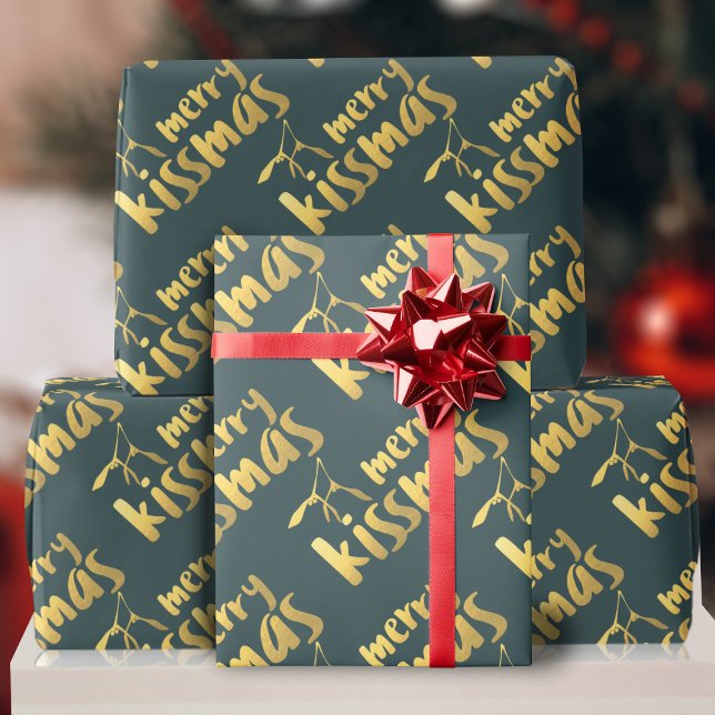 Green Gold Mistletoe Merry Kissmas Wrapping Paper (Merry Kissmas wrapping paper just for you)