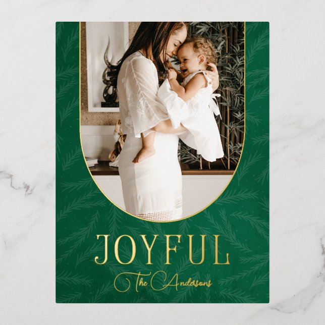 Green Gold Modern Botanical Arch Joyful Photo    Foil Holiday Postcard (Front)