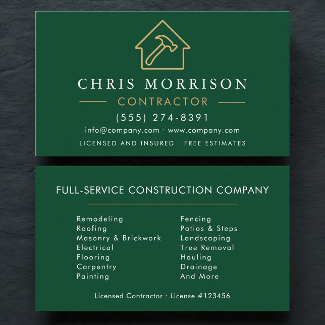 Green Gold Modern Building Construction  Business Card (Creator Uploaded)