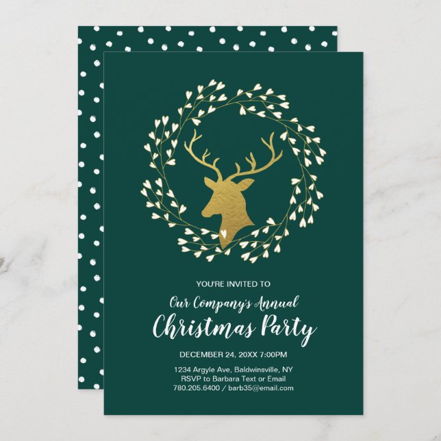 Green & Gold Modern Christmas Holiday Dinner Party Invitation (Front/Back)