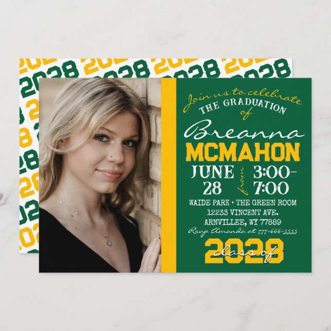 Green & Gold Modern Graduation Photo Invitation (Front/Back)
