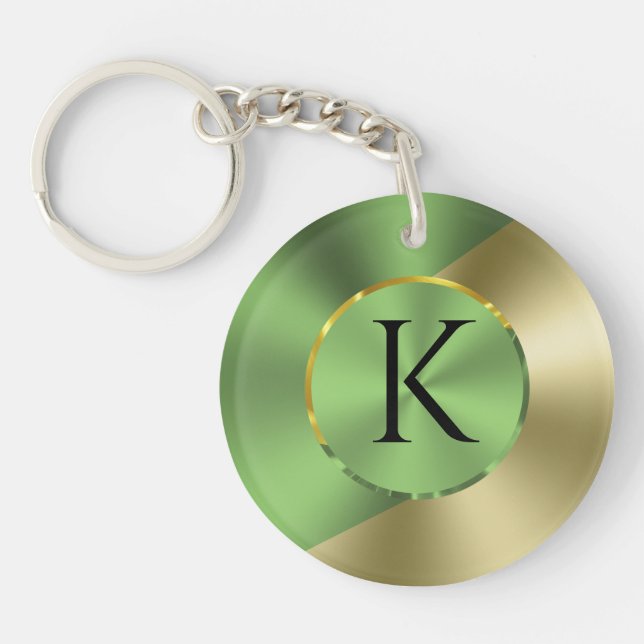 Green & Gold Modern Metallic Geometric design Key Ring (Front)