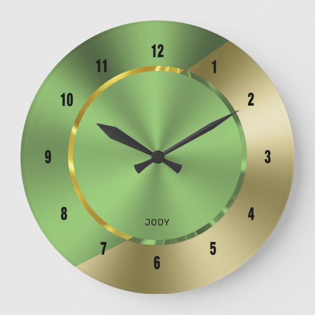 Green & Gold Modern Metallic Geometric design Large Clock (Front)