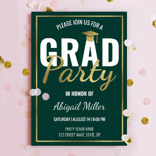 Green & Gold Modern Script Graduation Party Invitation