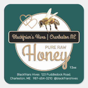 Green Gold Modern Script Honey with Honeybee Square Sticker