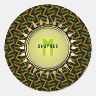 Green + Gold Modern Tribal Sun Monogram Bookplate Classic Round Sticker