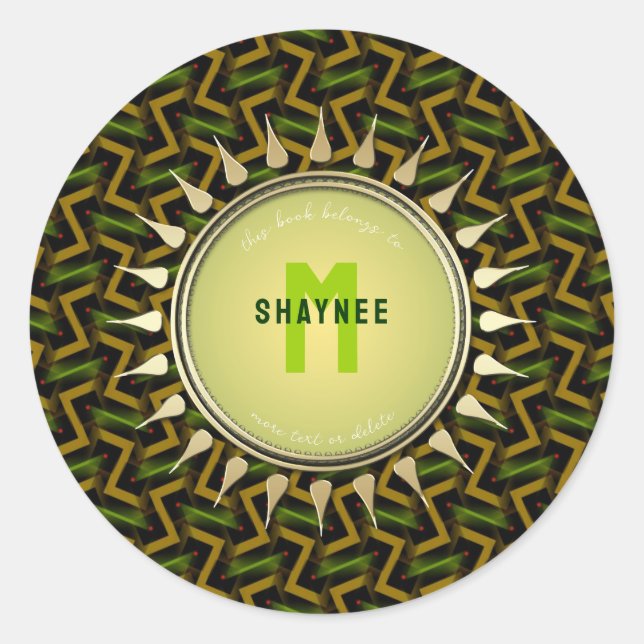Green + Gold Modern Tribal Sun Monogram Bookplate Classic Round Sticker (Front)