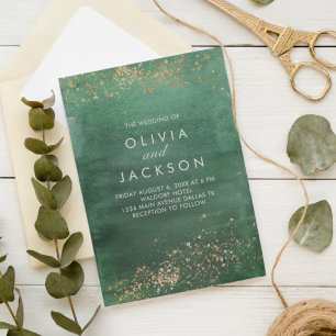 Green & Gold Modern Watercolor Wedding Invitation
