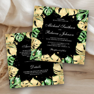 Green Gold Monstera Palm All in One Black Wedding Invitation