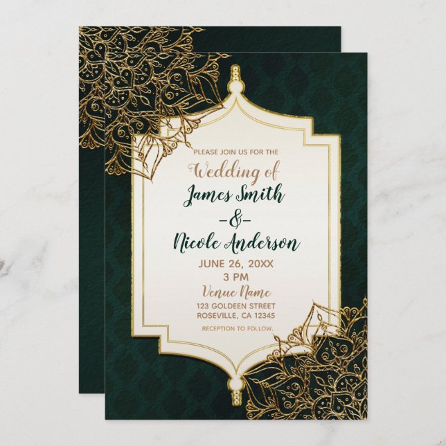 Green & Gold Moroccan Arabian Nights Wedding Invitation (Front/Back)