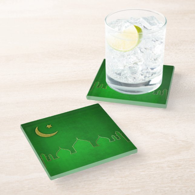Green Gold Mosque Moon Star Glass Coaster (Angled)