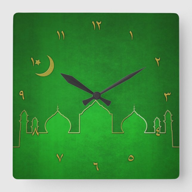 Green Gold Mosque Moon Star Square Wall Clock (Front)