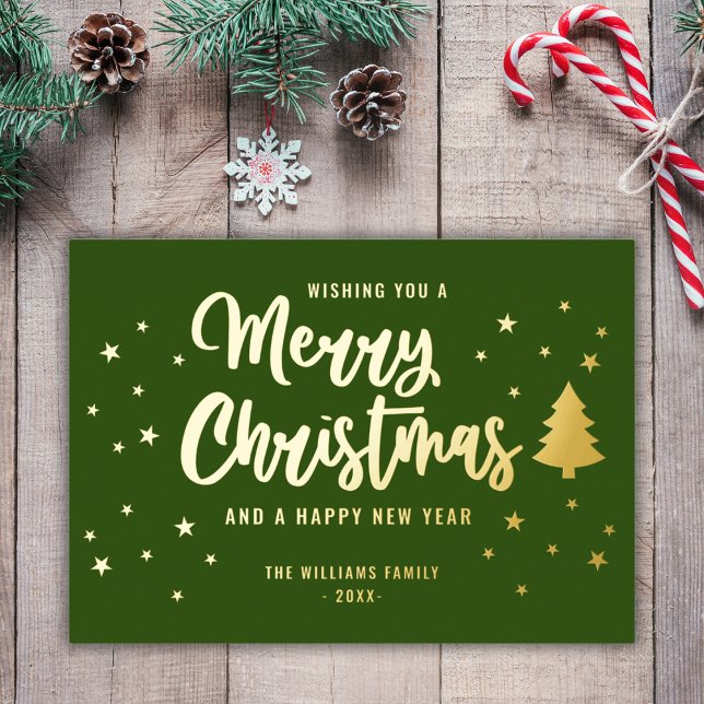 Green Gold Non Photo Family Name Merry Christmas Foil Holiday Card (Creator Uploaded)