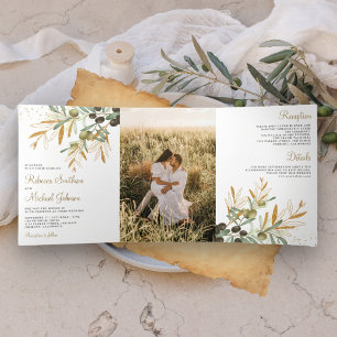 Green Gold Olive Leaves Branch Photo Wedding Tri-Fold Invitation