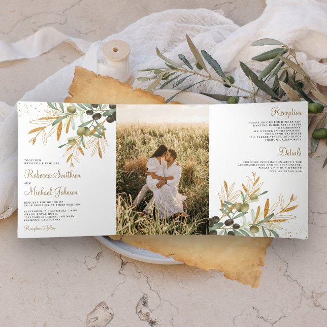 Green Gold Olive Leaves Branch Photo Wedding Tri-Fold Invitation (Creator Uploaded)
