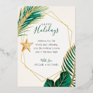 Green & Gold Palm Tree Tropical Beach Christmas Foil Holiday Card
