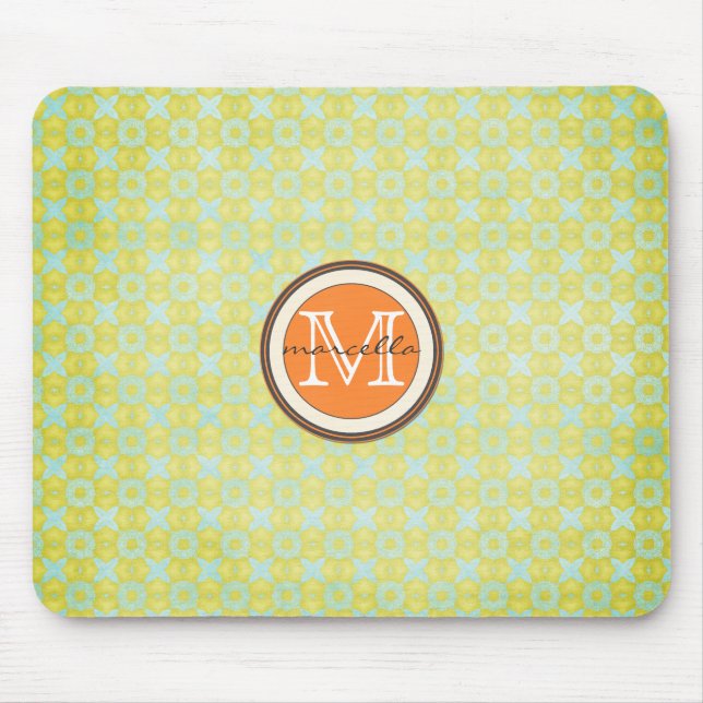 Green Gold Pattern Background Orange Monogram Mouse Pad (Front)