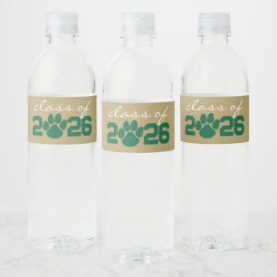 Green & Gold Paw Print Graduation Water Bottle Label