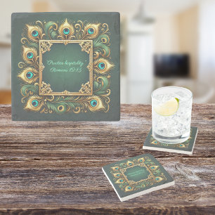 Green Gold Peacock Frame Customisable  Stone Coaster