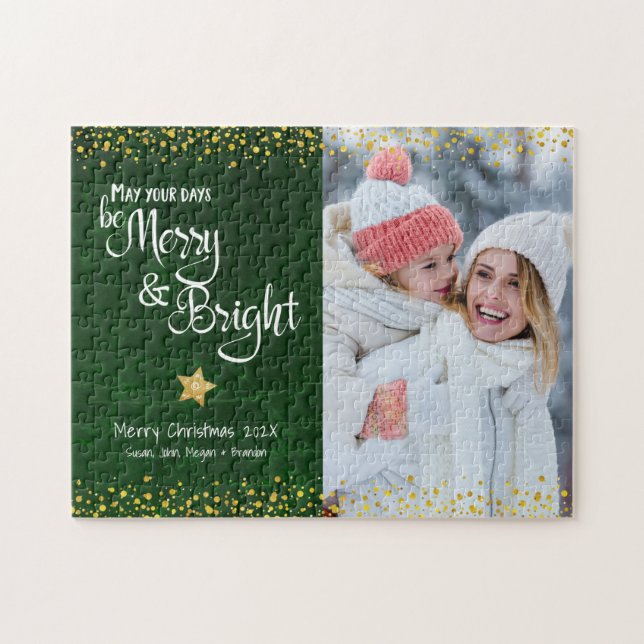 Green Gold Photo Days Merry Bright Script Holiday Jigsaw Puzzle (Horizontal)