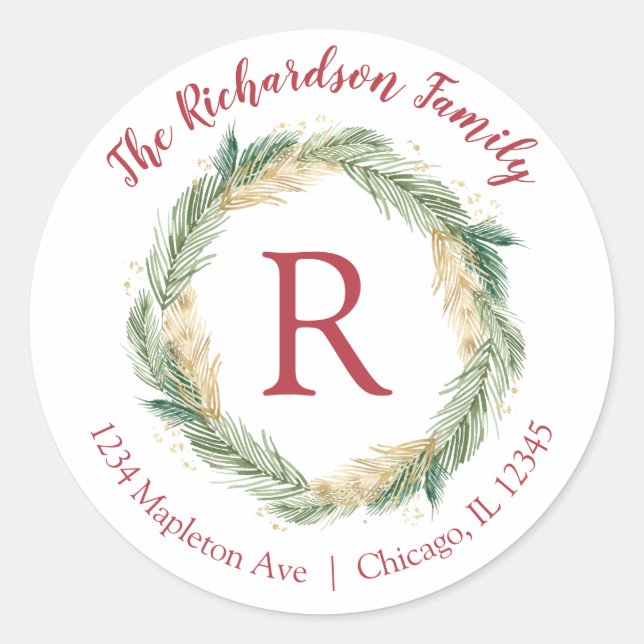 Green gold pine Christmas return address labels (Front)