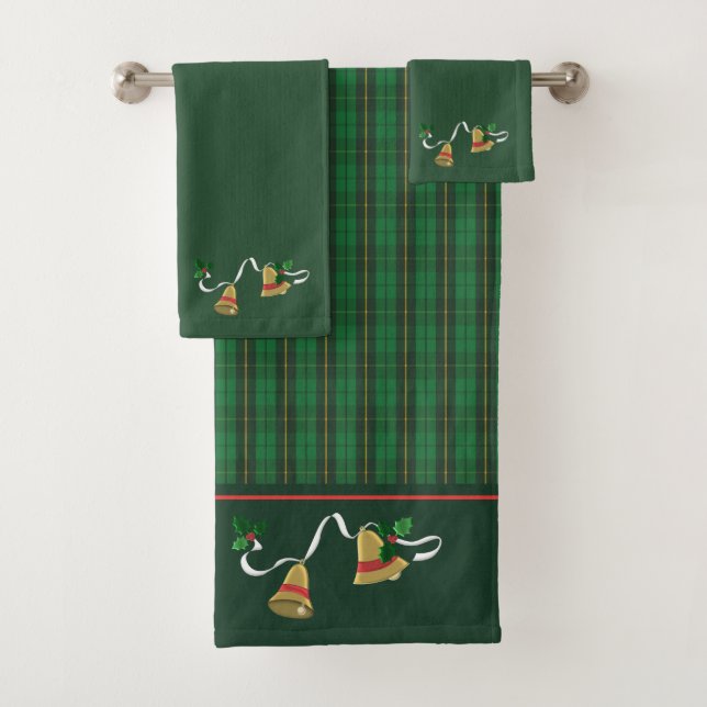 Green Gold Plaid Christmas Bells Bath Towel Set (Insitu)