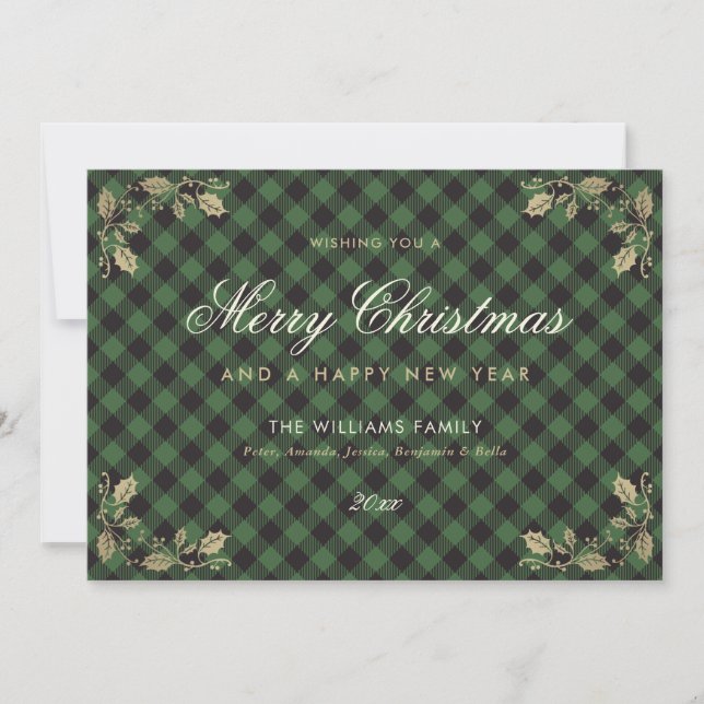 Green Gold Plaid Christmas Happy New Year Cards (Front)