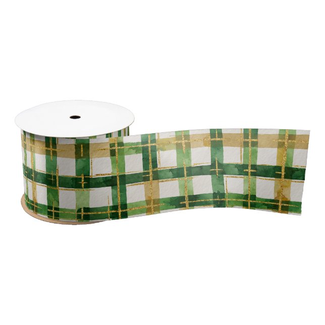 Green Gold Plaid Christmas  Satin Ribbon (Spool)