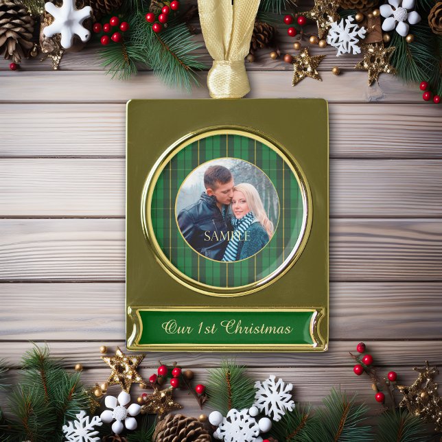 Green Gold Plaid Newlywed Plated Banner Ornament (Creator Uploaded)