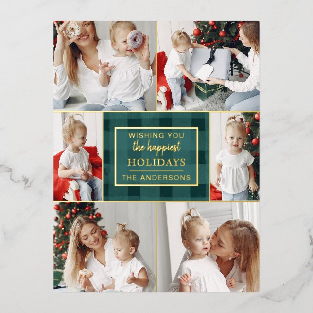 Green Gold Plaid Non Traditional Photo Collage  Foil Holiday Postcard (Front)