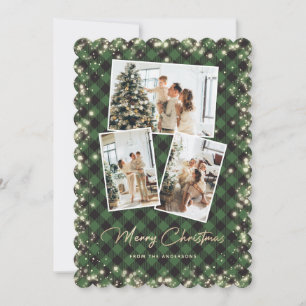 Green Gold Plaid Photo Collage Merry Christmas Holiday Card