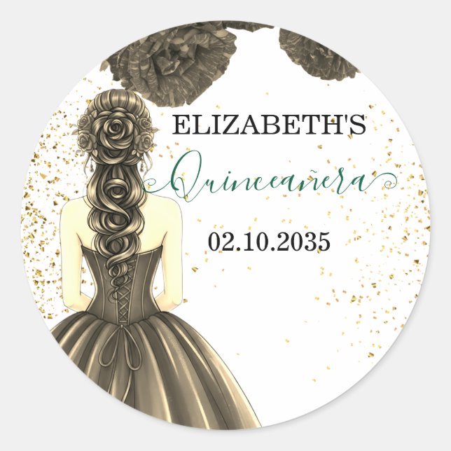 Green & Gold Quinceañera Custom Round Sticker (Front)