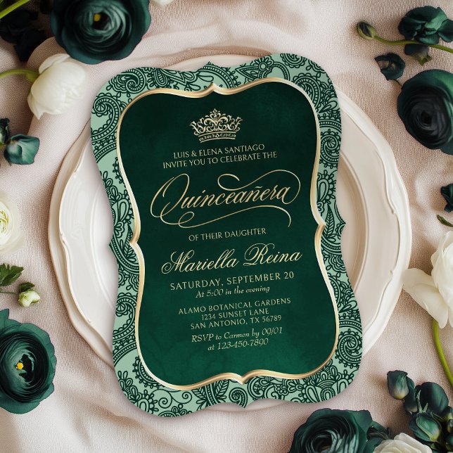 Green Gold Quinceañera Invitation (Creator Uploaded)