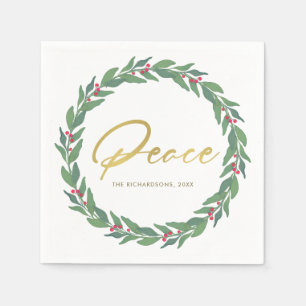 GREEN GOLD RED BERRIES WREATH CHRISTMAS PEACE NAPKIN