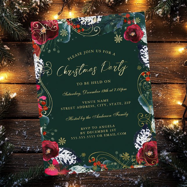 Green Gold Red Floral Swirl Christmas Party  (Creator Uploaded)