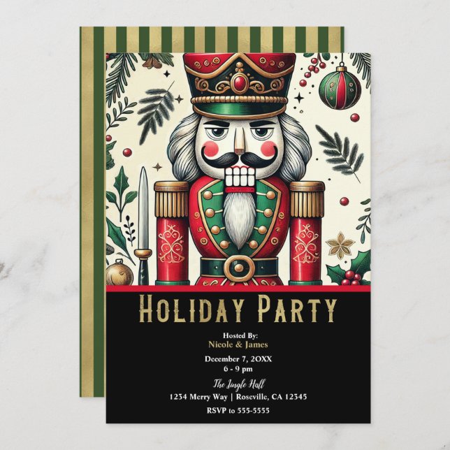 Green Gold Red Nutcracker Christmas Holiday Party Invitation (Front/Back)