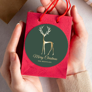 Green Gold Reindeer Christmas Elegant Minimalist  Classic Round Sticker