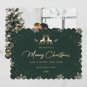 Green Gold Reindeer Snowflake Photo Holiday Card