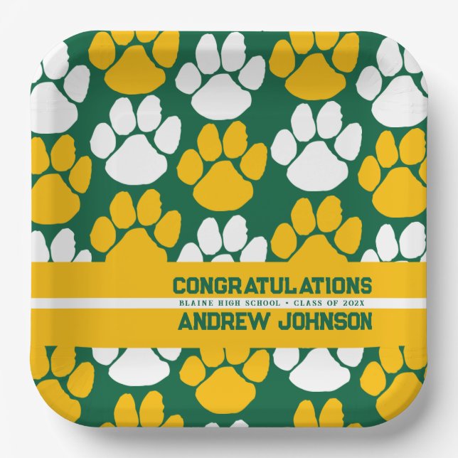 Green & Gold Repeating Pawprint Personalised Paper Plate (Front)