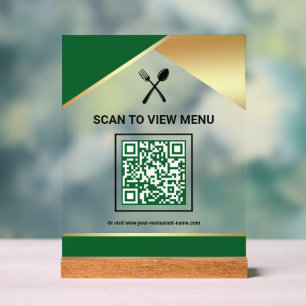 Green Gold Restaurant Digital QR Code Menu Acrylic Sign