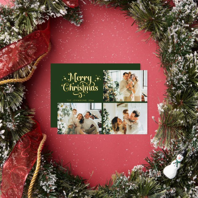 Green & Gold Retro Christmas Family Photo Collage Foil Holiday Card (Insitu)