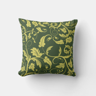 Green Gold Retro Pattern Leaf Swirl Cushion