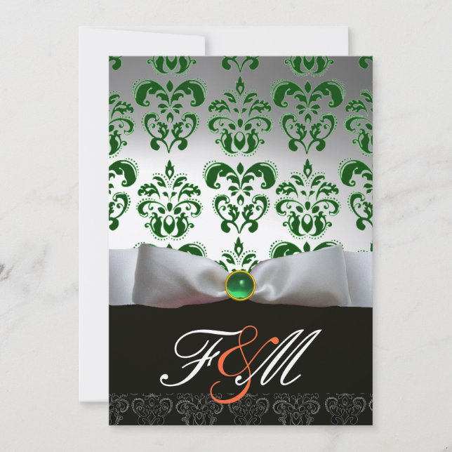 GREEN GOLD RIBBON & BLACK DAMASK MONOGRAM Orange Invitation (Front)
